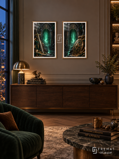 Dungeon Treasure — set of two gaming artworks in Gold frames.
