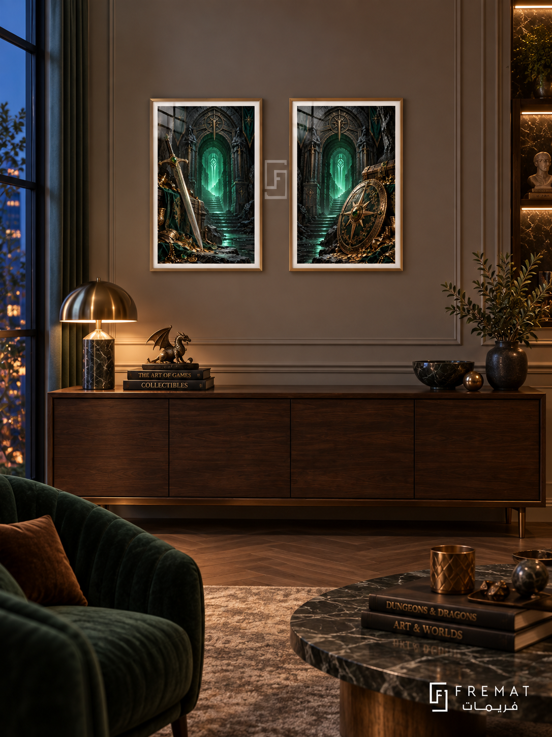 Dungeon Treasure — set of two gaming artworks in Gold frames.