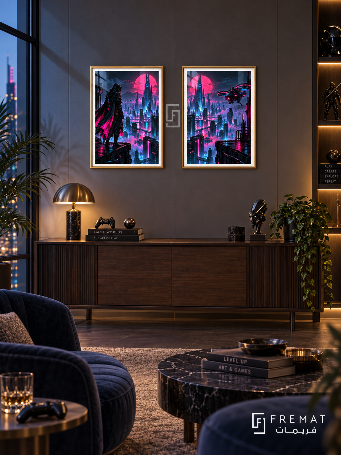 Cyber City — set of two gaming artworks in Gold frames.