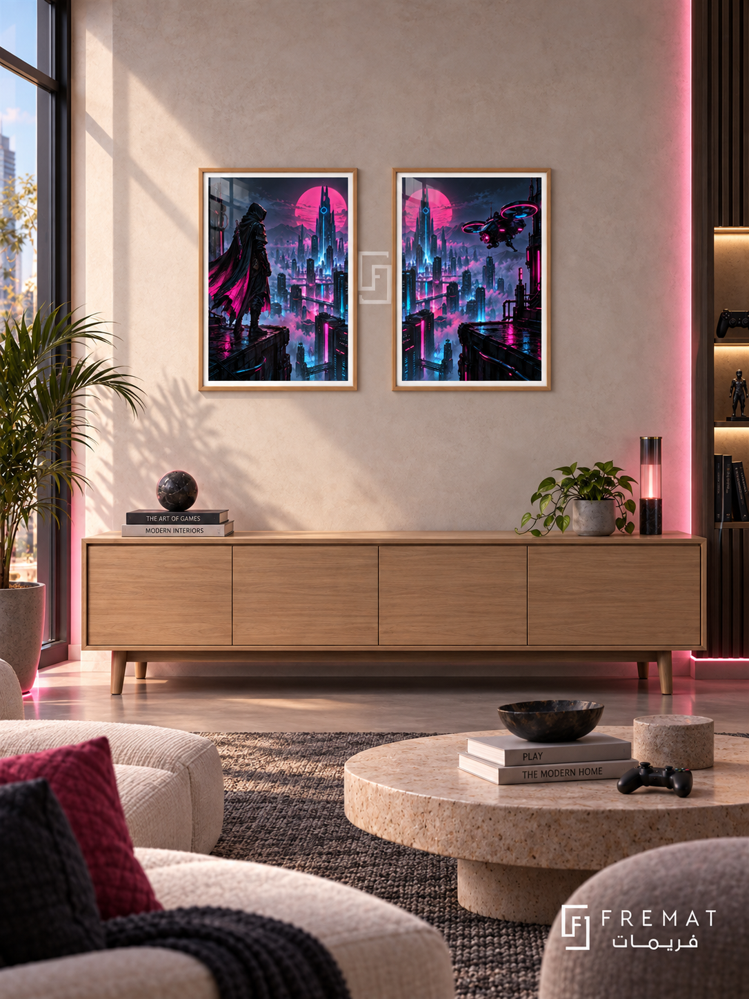 Cyber City — set of two gaming artworks in Wooden Texture frames.