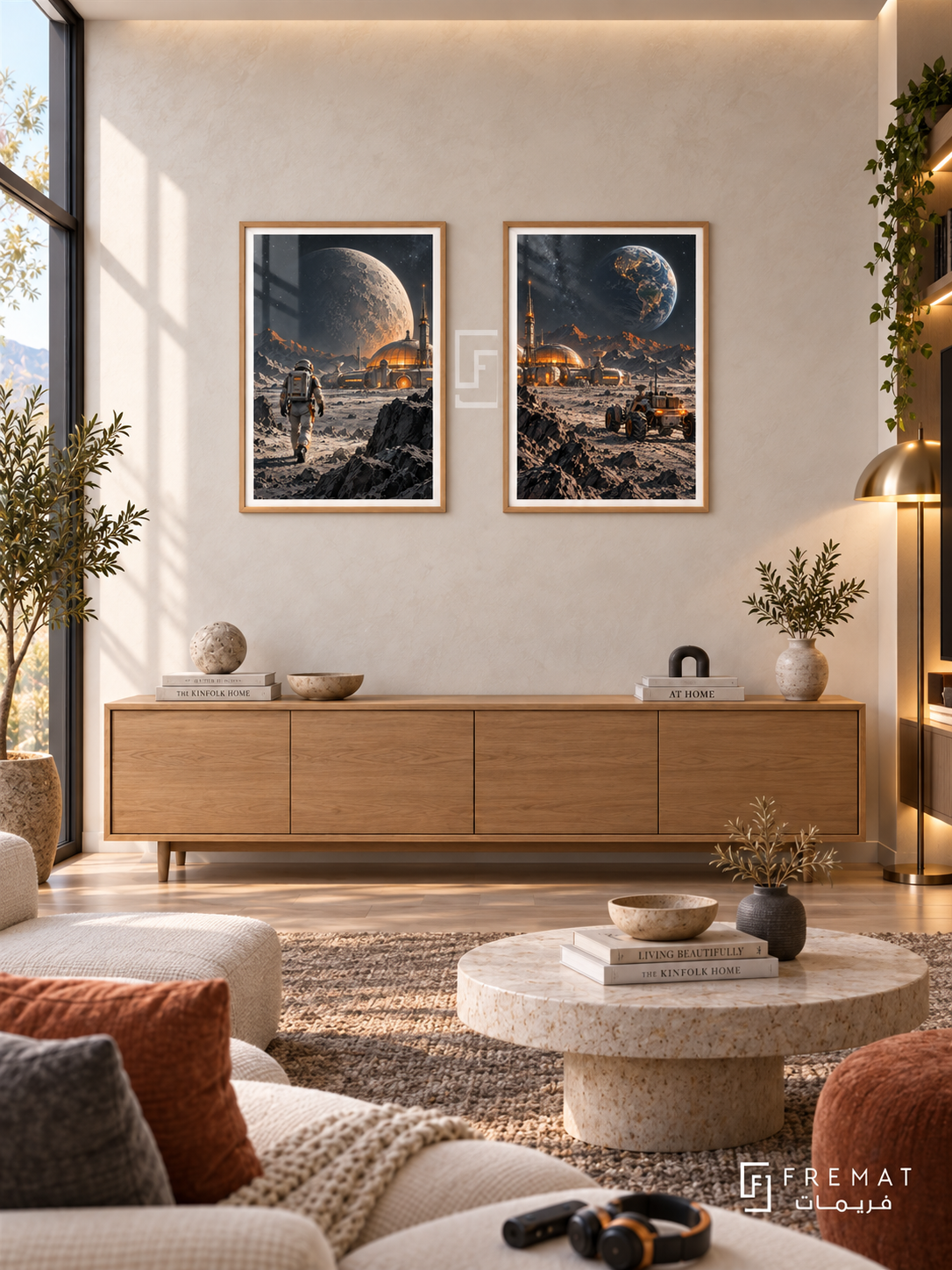 Lunar Base — set of two gaming artworks in Wooden Texture frames.
