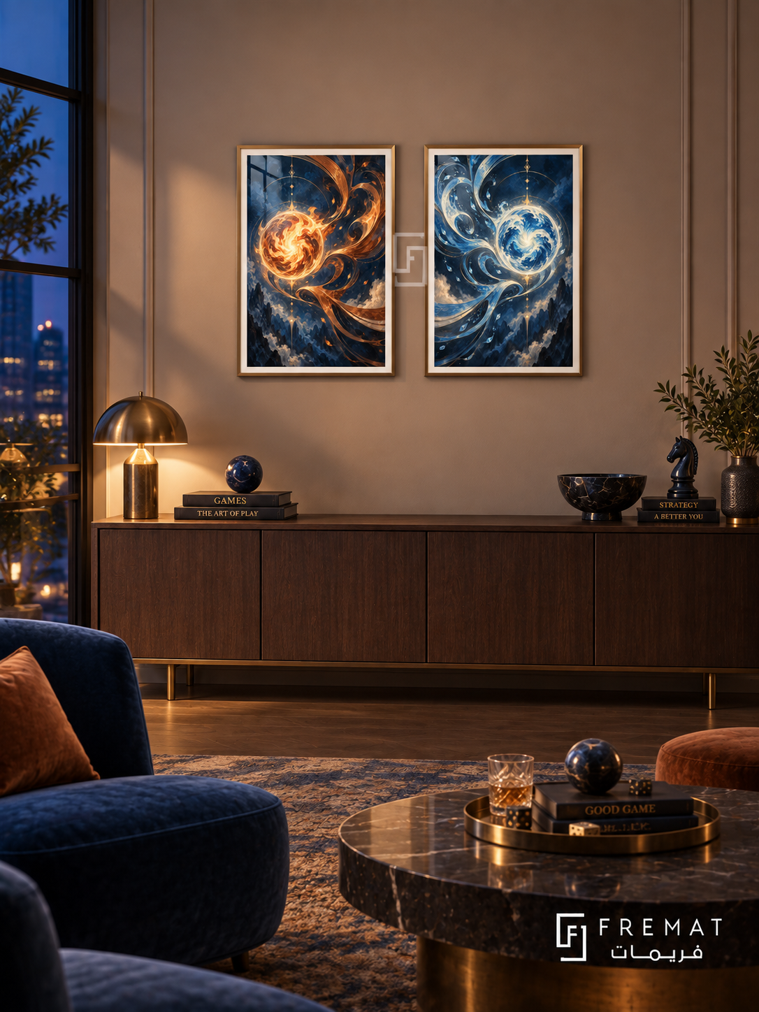 Magic Elements — set of two gaming artworks in Gold frames.