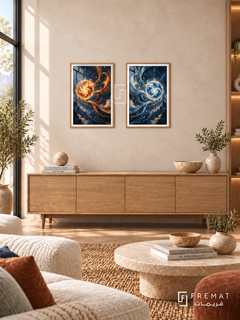 Magic Elements — set of two gaming artworks in Wooden Texture frames.