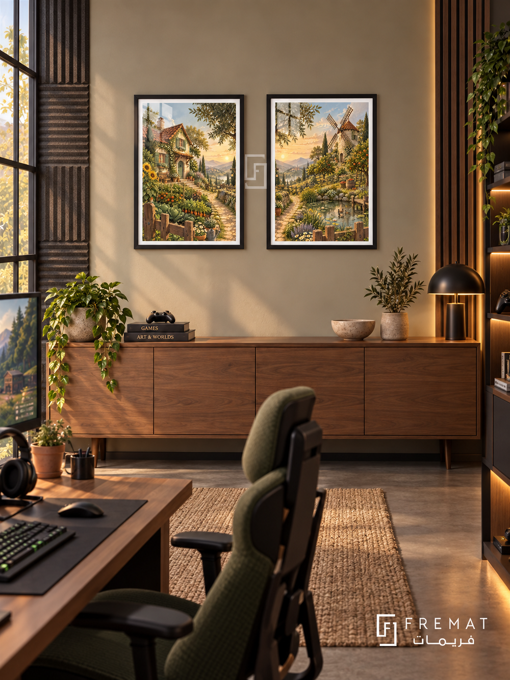 Cozy Farming — set of two gaming artworks in Black frames.