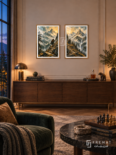 Mountain Adventure — set of two gaming artworks in Gold frames.