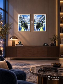 Speed Circuit — set of two gaming artworks in Gold frames.