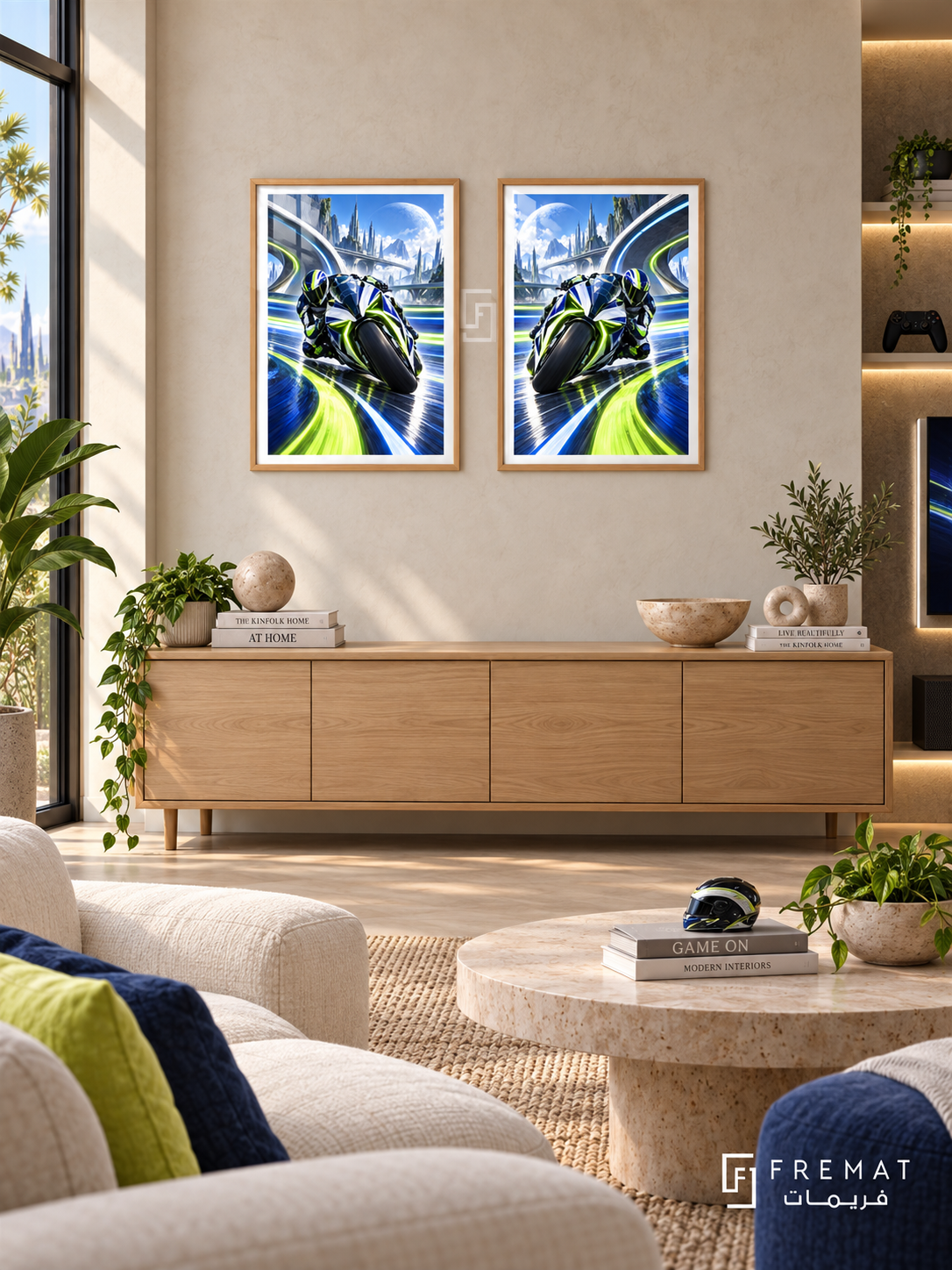 Speed Circuit — set of two gaming artworks in Wooden Texture frames.