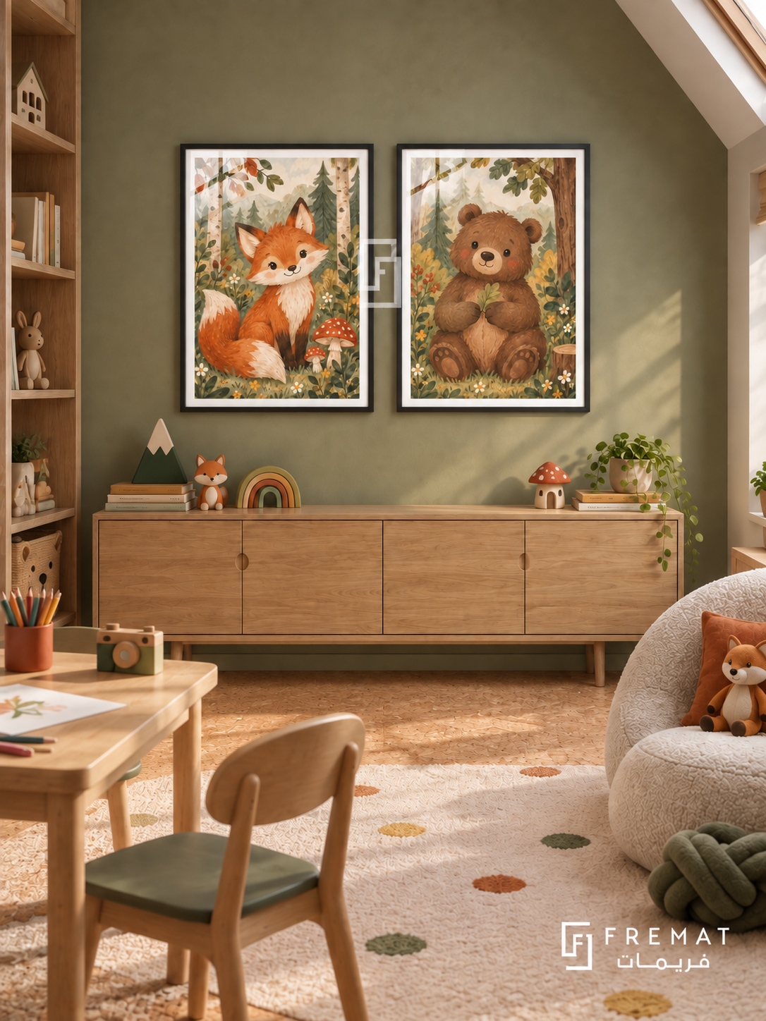 Forest Friends — set of two kids artworks in Black frames.