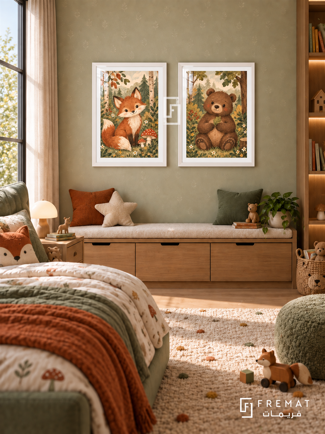Forest Friends — set of two kids artworks in White frames.