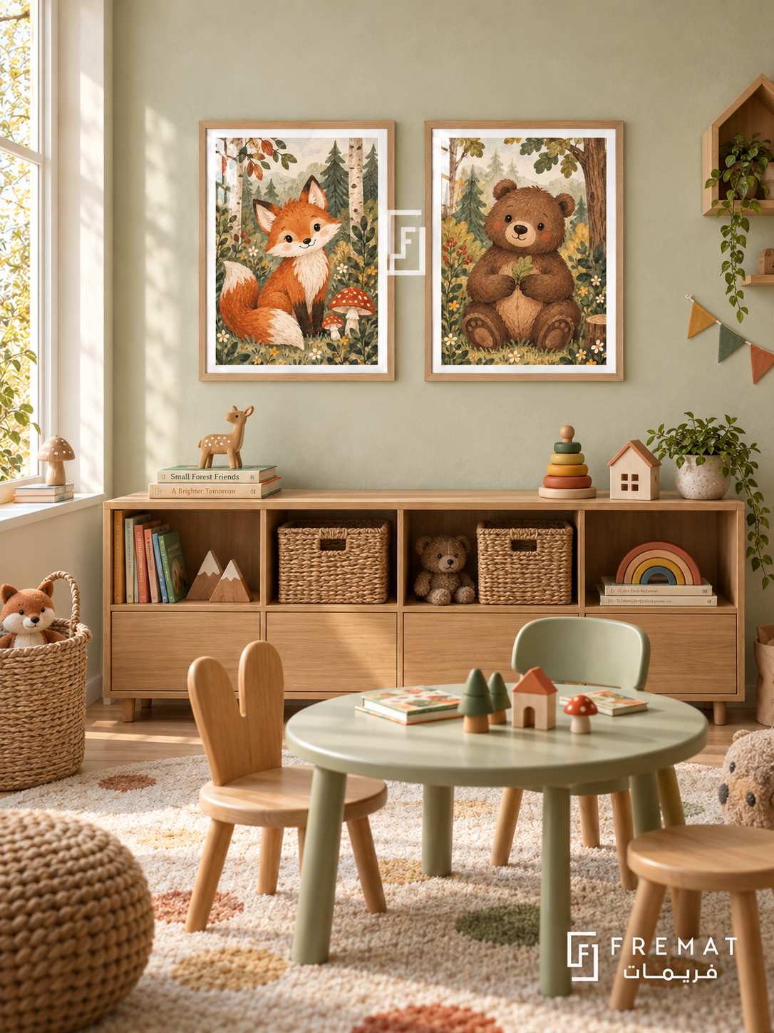 Forest Friends — set of two kids artworks in Wooden Texture frames.