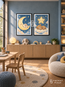 Moon and Stars — set of two kids artworks in Black frames.