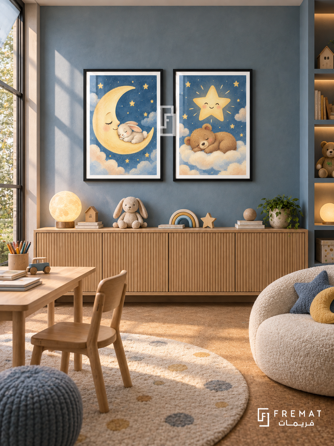 Moon and Stars — set of two kids artworks in Black frames.