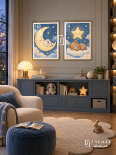 Moon and Stars — set of two kids artworks in Gold frames.