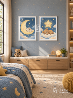 Moon and Stars — set of two kids artworks in White frames.