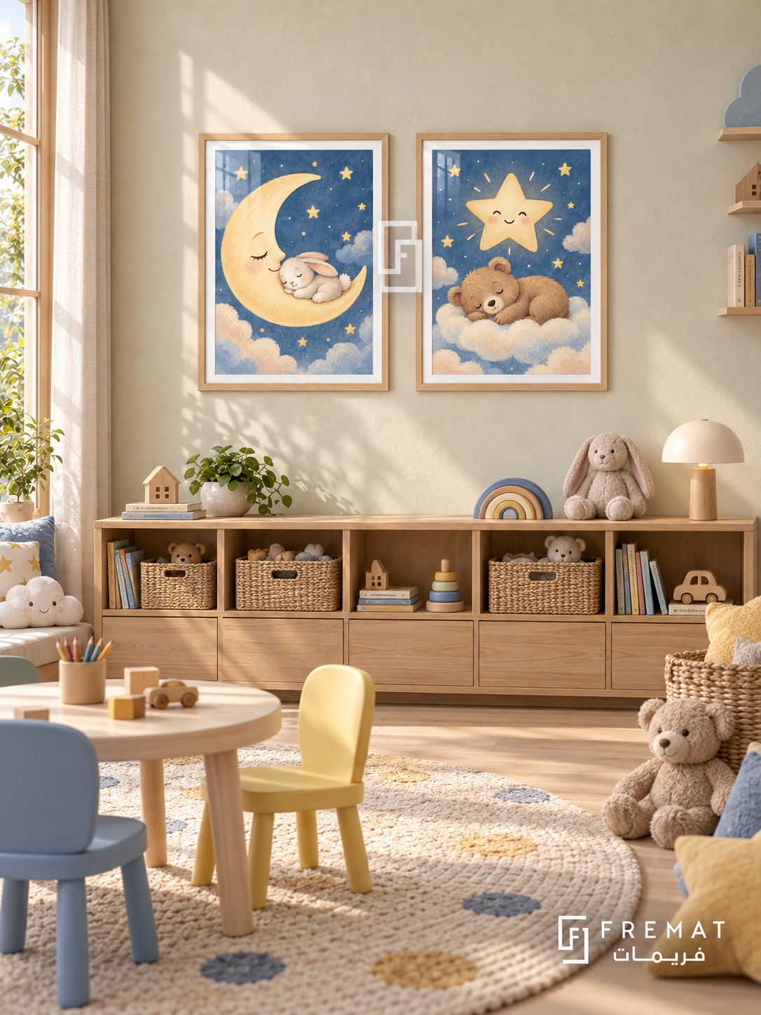 Moon and Stars — set of two kids artworks in Wooden Texture frames.