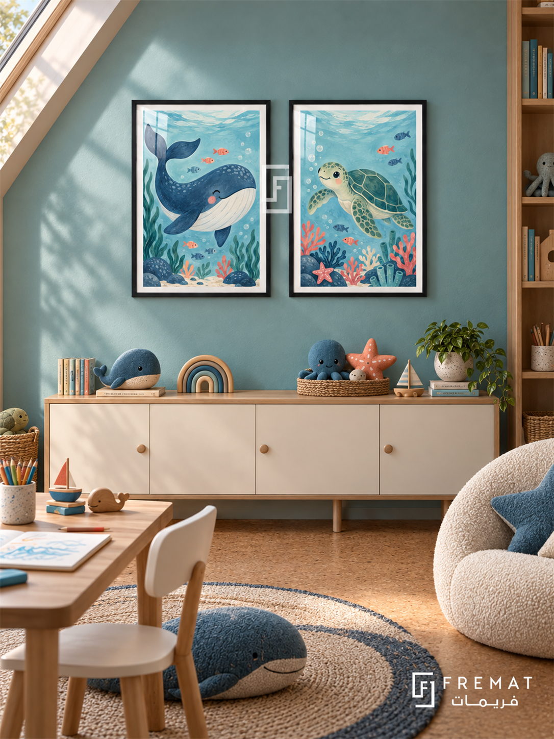 Ocean Explorers — set of two kids artworks in Black frames.