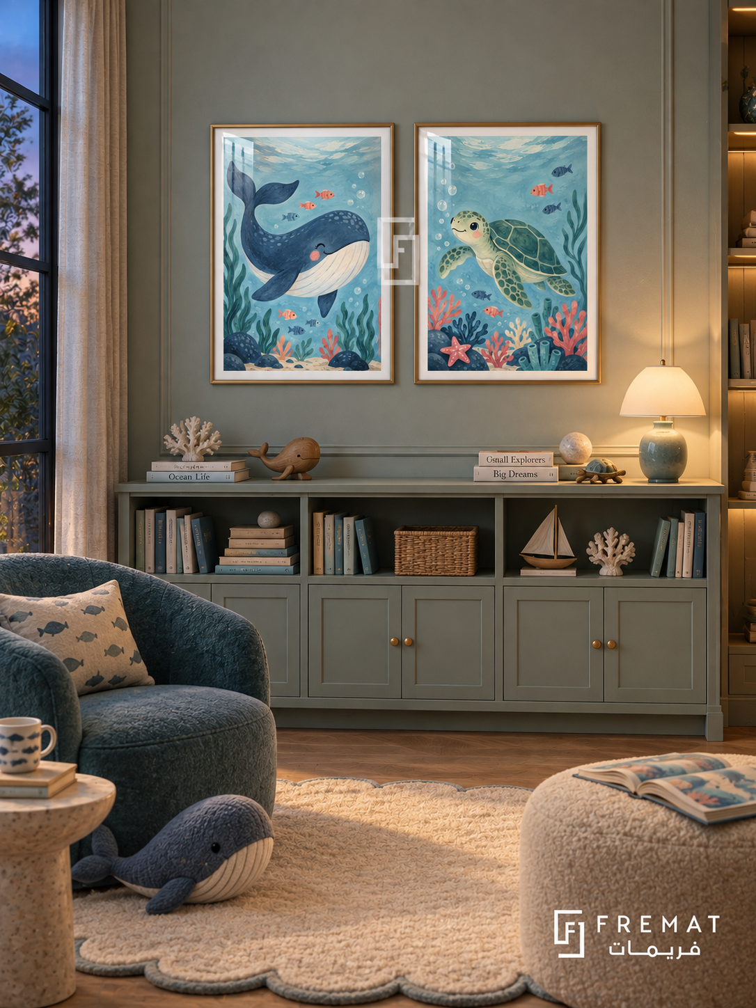 Ocean Explorers — set of two kids artworks in Gold frames.