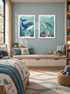 Ocean Explorers — set of two kids artworks in White frames.