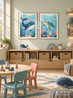 Ocean Explorers — set of two kids artworks in Wooden Texture frames.