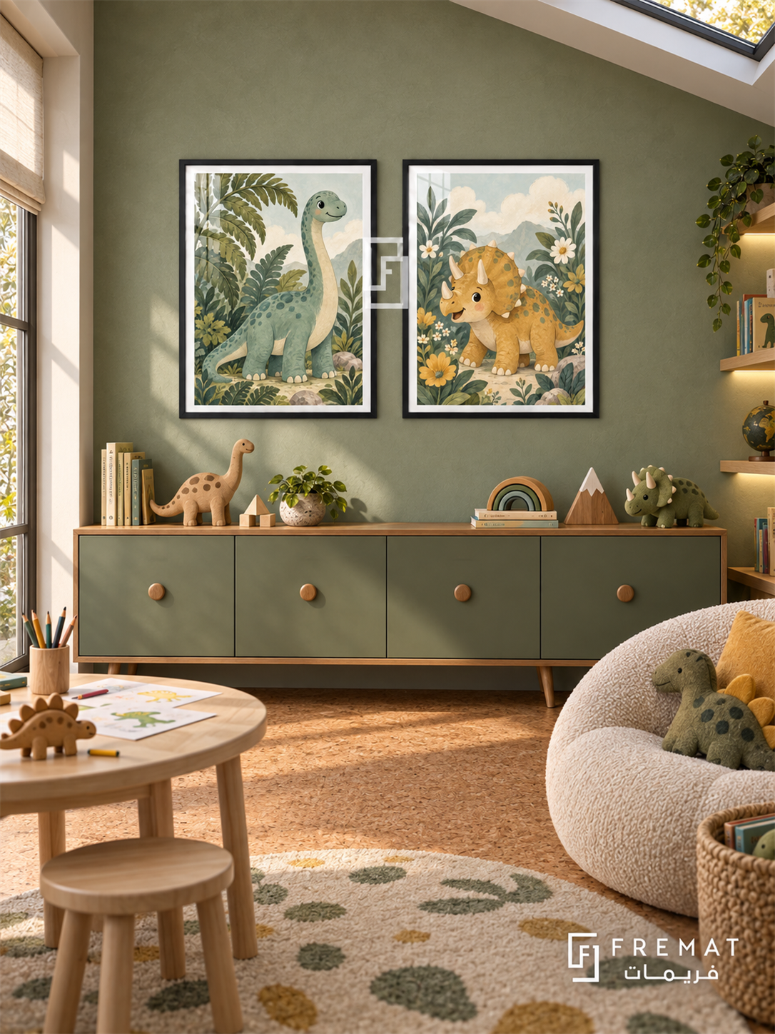 Dinosaur Garden — set of two kids artworks in Black frames.