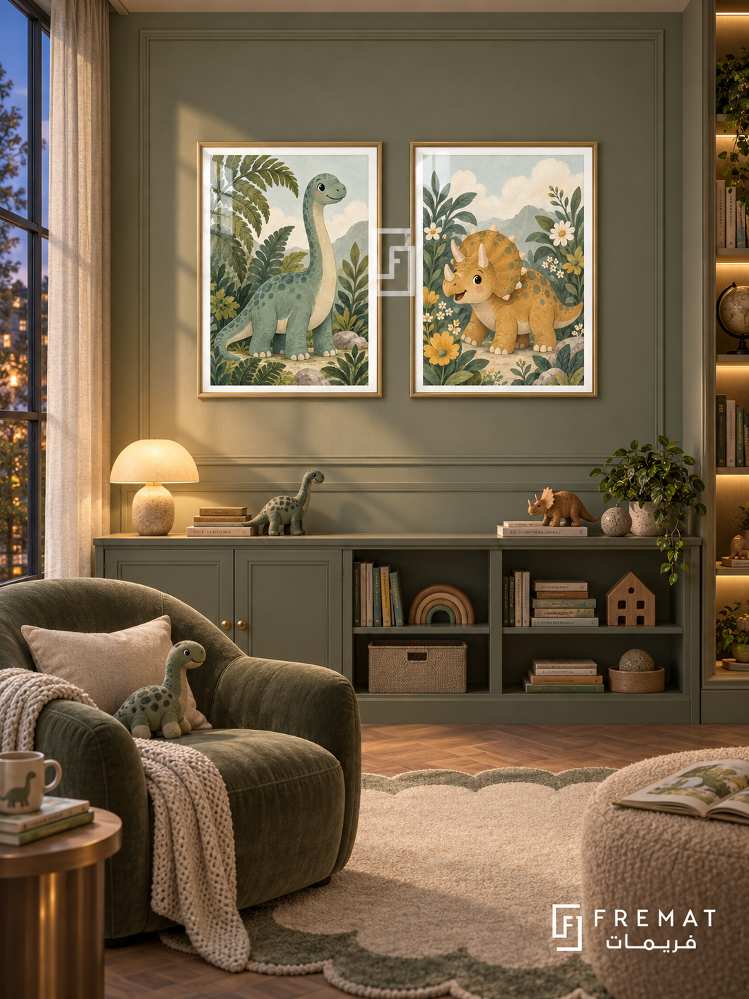 Dinosaur Garden — set of two kids artworks in Gold frames.
