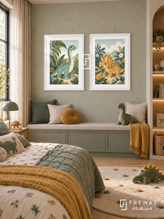 Dinosaur Garden — set of two kids artworks in White frames.