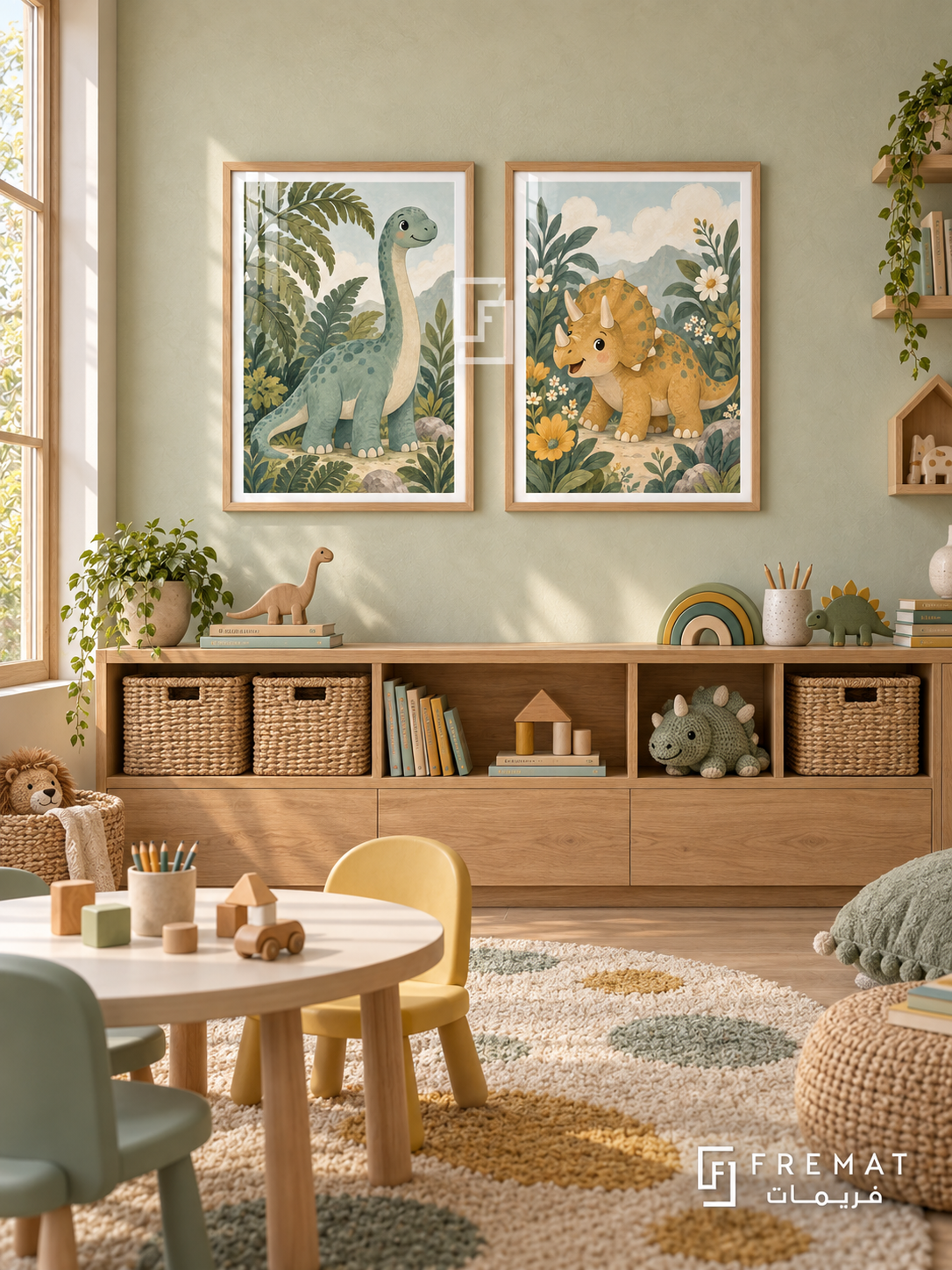Dinosaur Garden — set of two kids artworks in Wooden Texture frames.