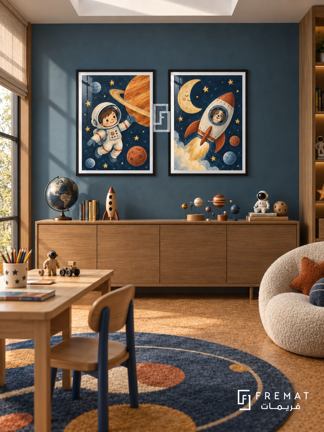 Space Buddies — set of two kids artworks in Black frames.