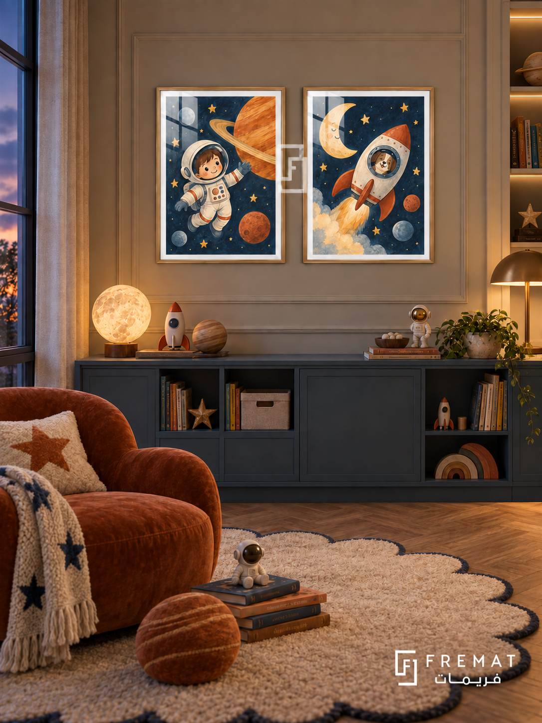 Space Buddies — set of two kids artworks in Gold frames.