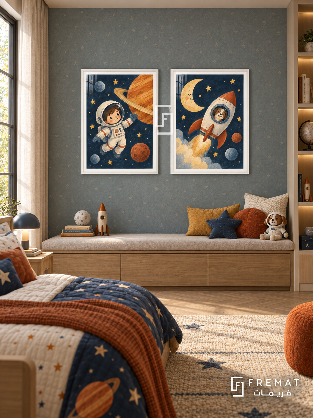 Space Buddies — set of two kids artworks in White frames.
