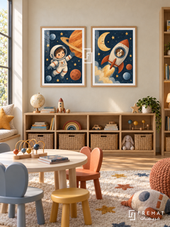Space Buddies — set of two kids artworks in Wooden Texture frames.