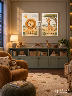 Safari Sunshine — set of two kids artworks in Gold frames.