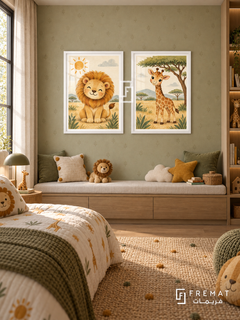 Safari Sunshine — set of two kids artworks in White frames.