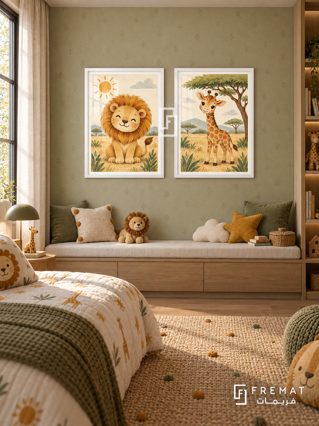 Safari Sunshine — set of two kids artworks in White frames.