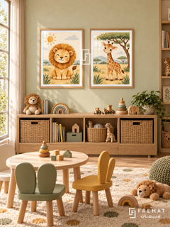 Safari Sunshine — set of two kids artworks in Wooden Texture frames.