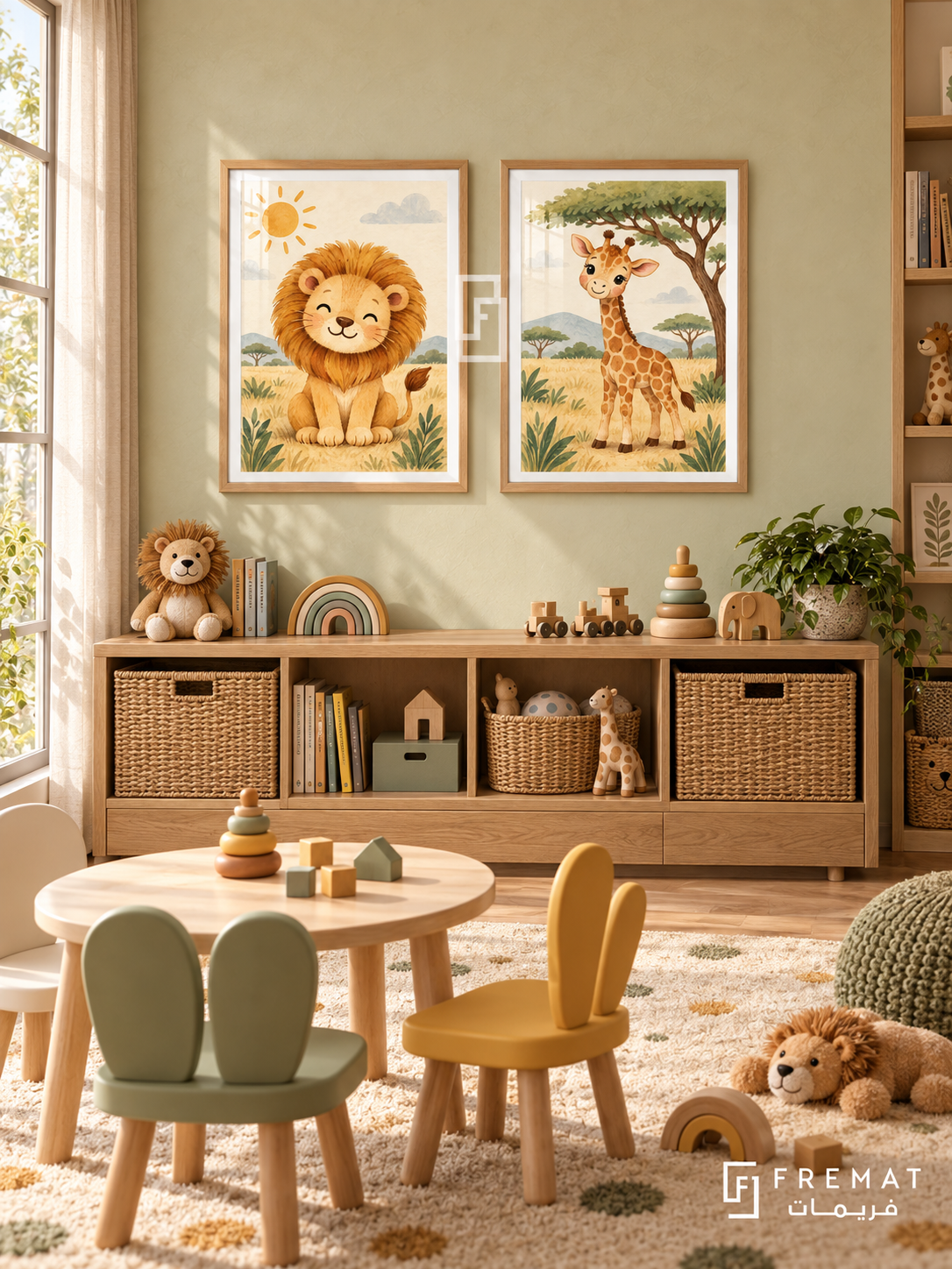 Safari Sunshine — set of two kids artworks in Wooden Texture frames.