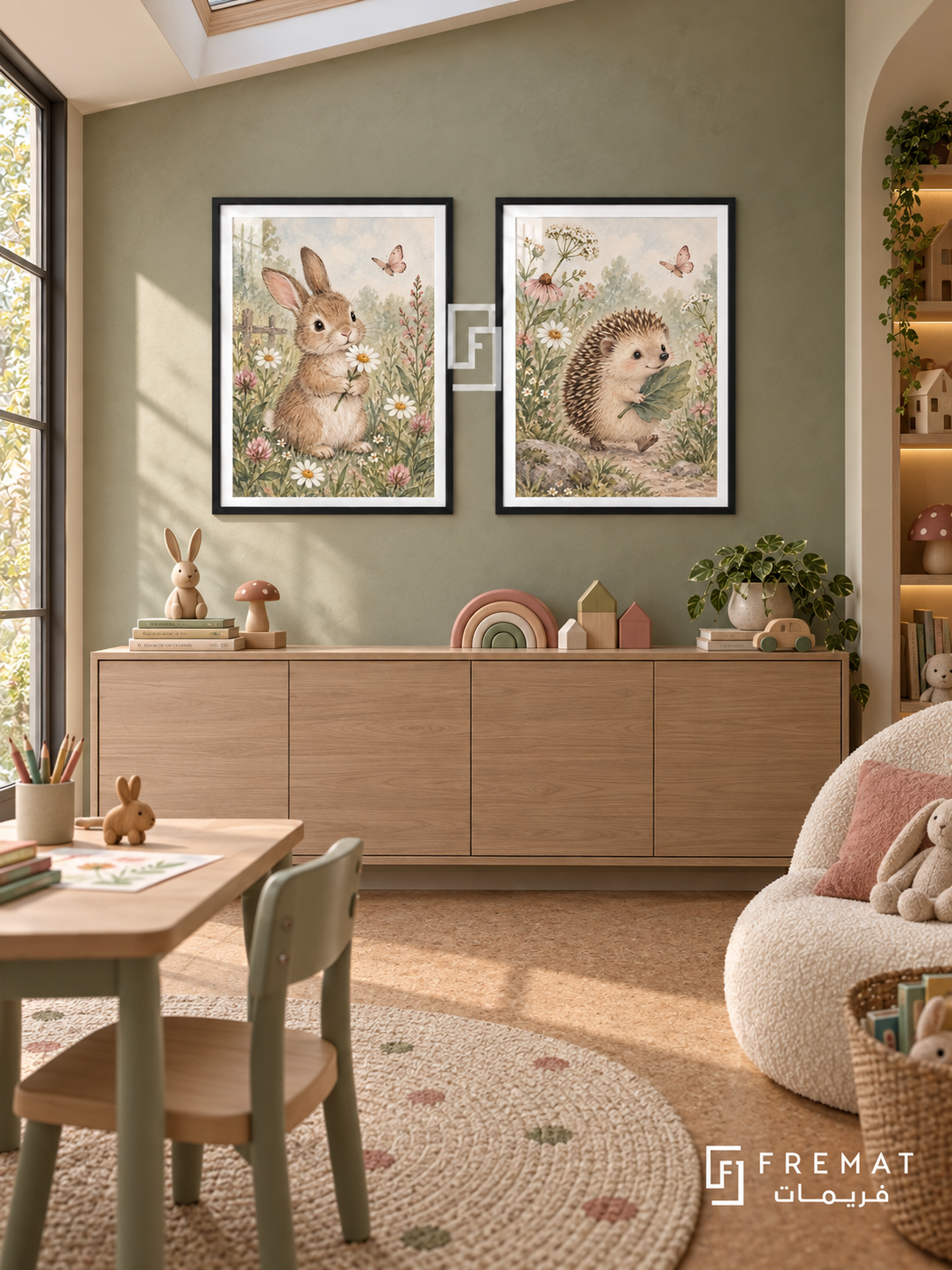Bunny Meadow — set of two kids artworks in Black frames.