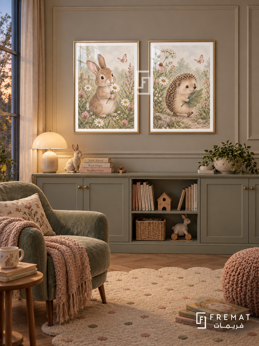 Bunny Meadow — set of two kids artworks in Gold frames.