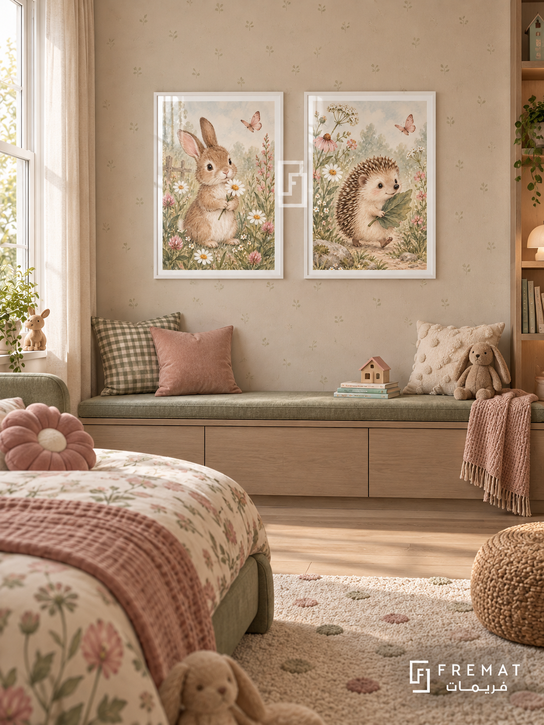Bunny Meadow — set of two kids artworks in White frames.