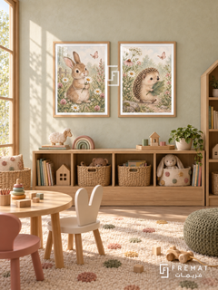 Bunny Meadow — set of two kids artworks in Wooden Texture frames.