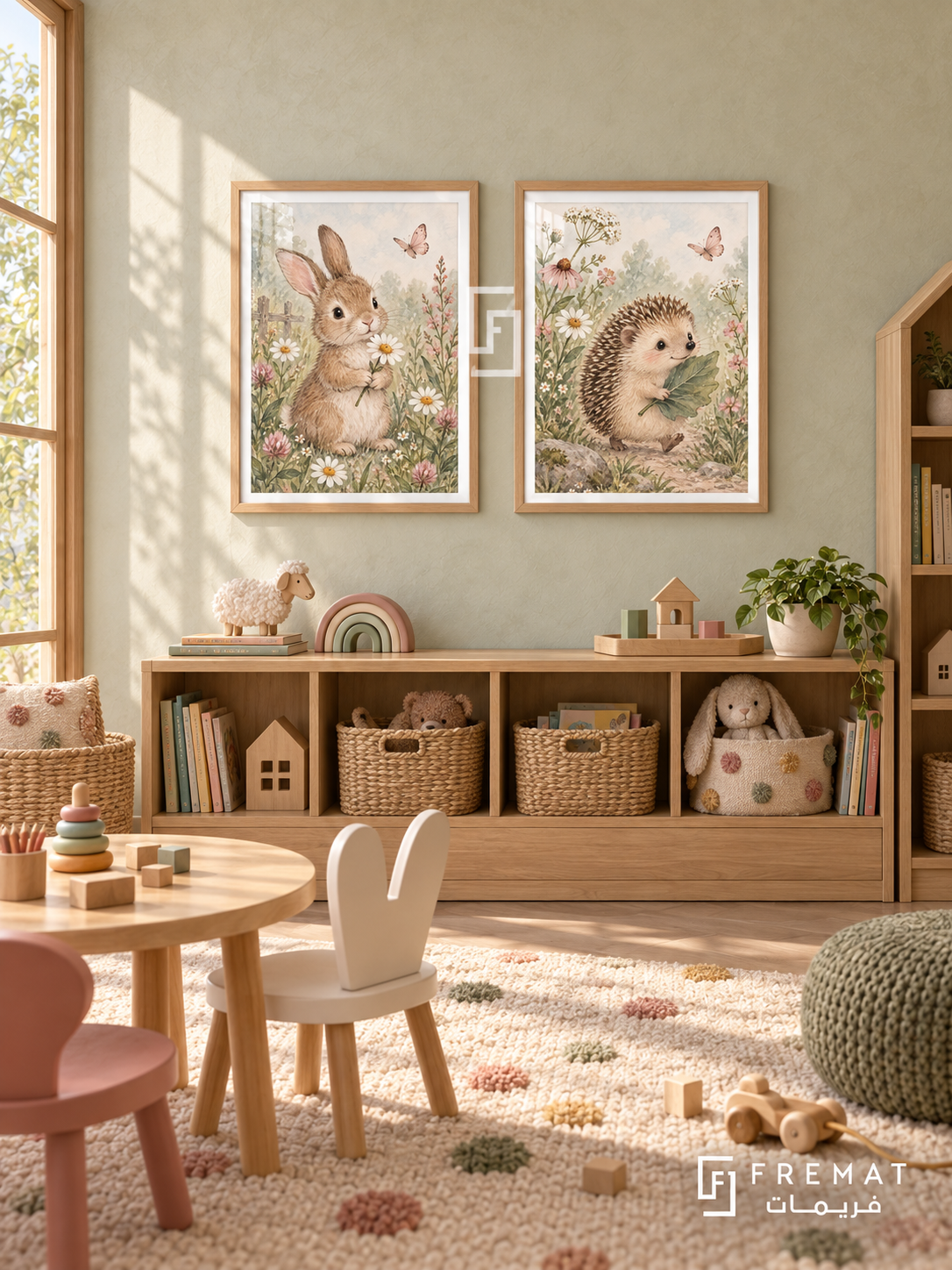 Bunny Meadow — set of two kids artworks in Wooden Texture frames.