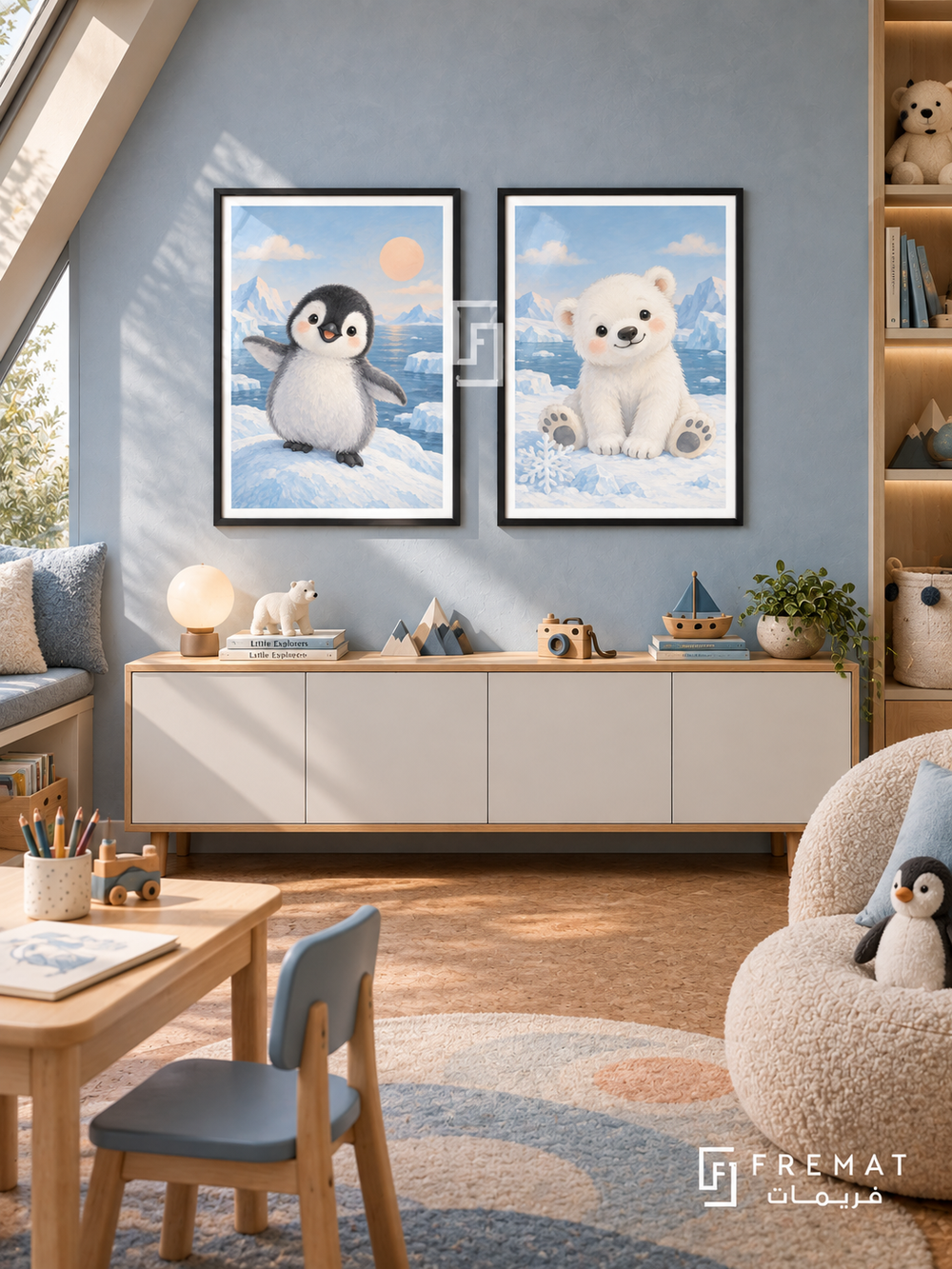 Polar Pals — set of two kids artworks in Black frames.