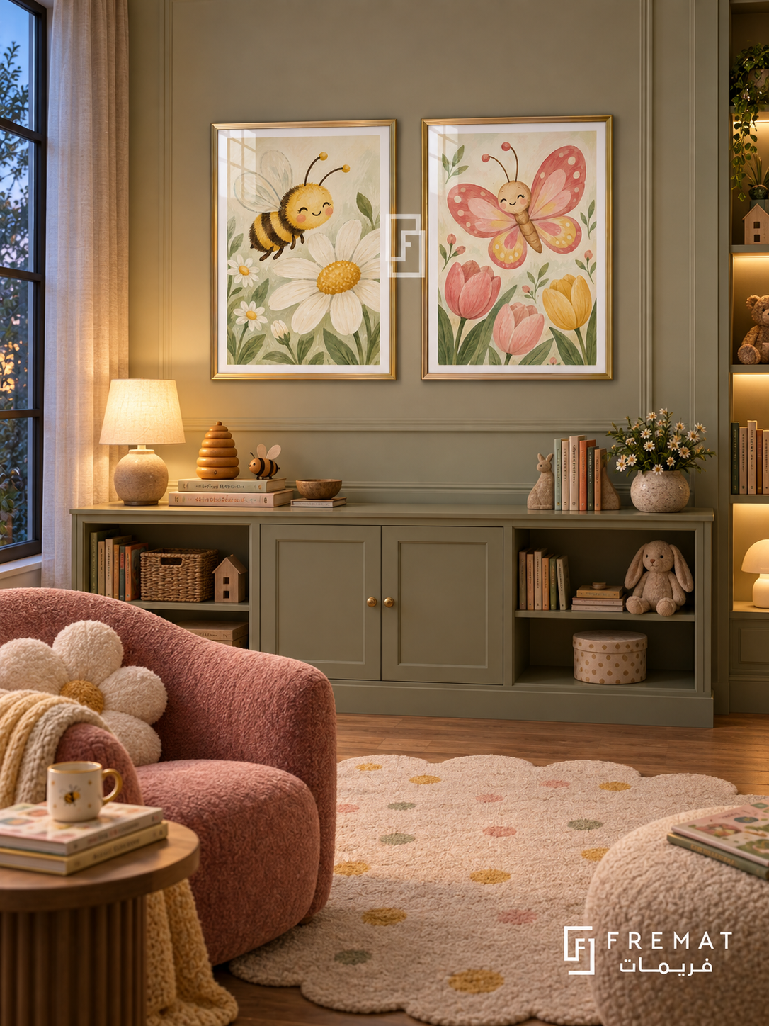 Garden Helpers — set of two kids artworks in Gold frames.
