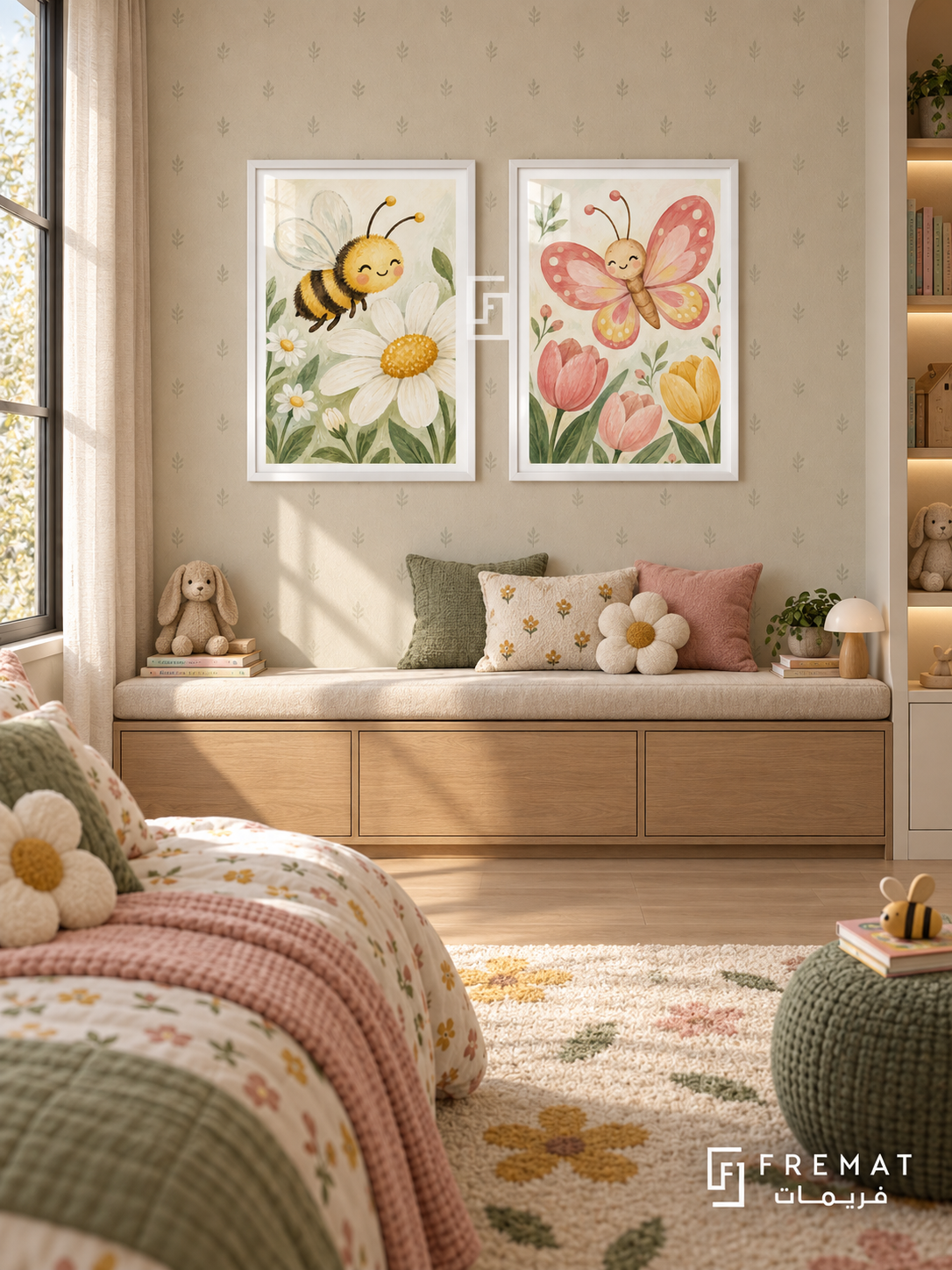 Garden Helpers — set of two kids artworks in White frames.