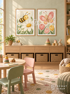 Garden Helpers — set of two kids artworks in Wooden Texture frames.