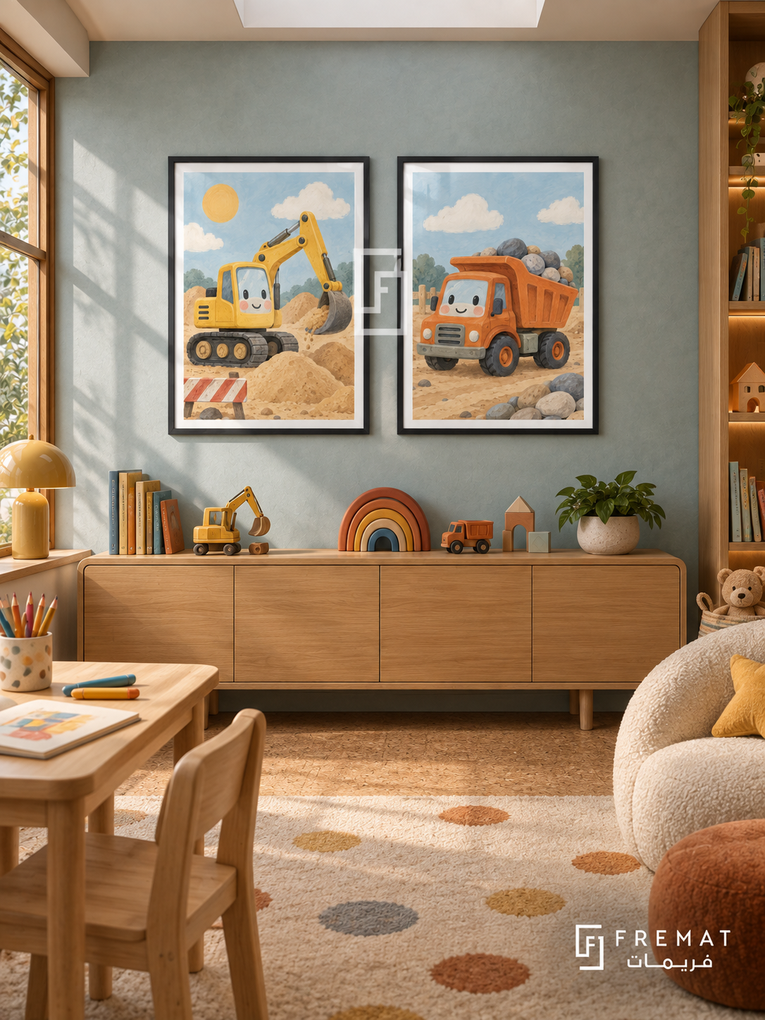 Little Builders — set of two kids artworks in Black frames.