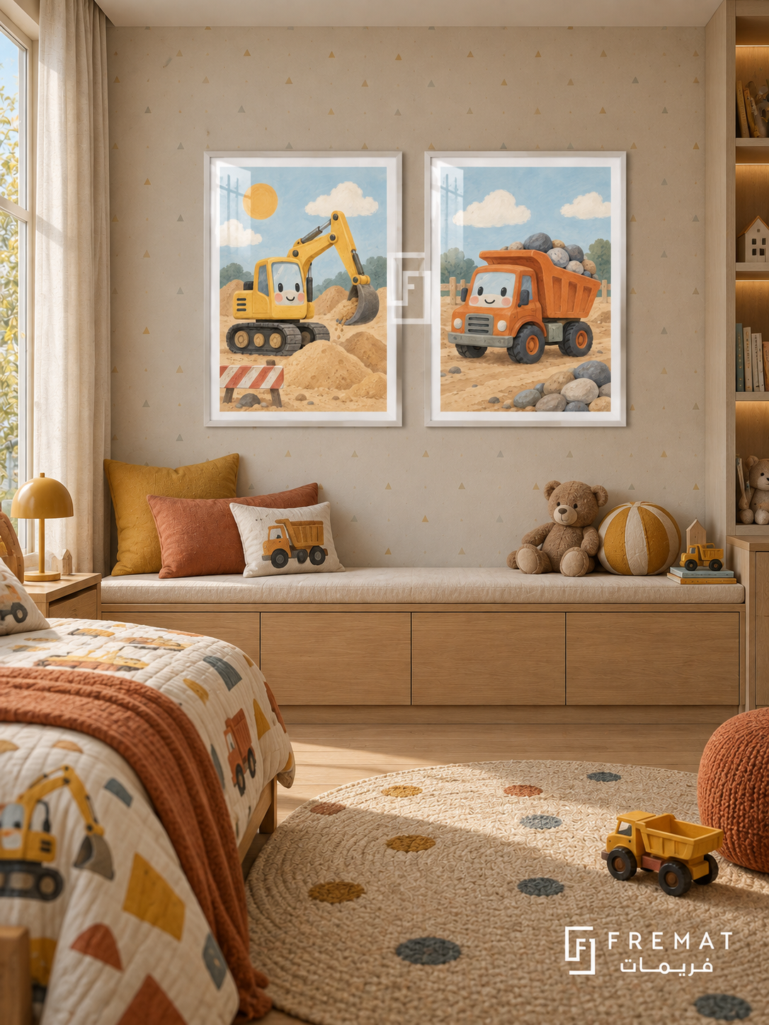 Little Builders — set of two kids artworks in White frames.