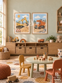 Little Builders — set of two kids artworks in Wooden Texture frames.