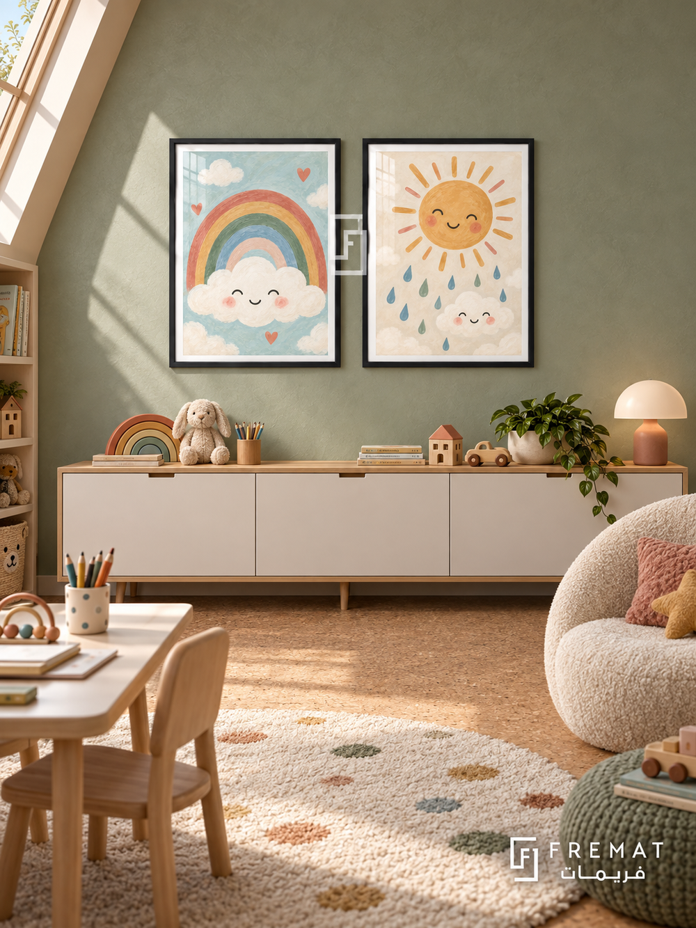 Rainbow Weather — set of two kids artworks in Black frames.