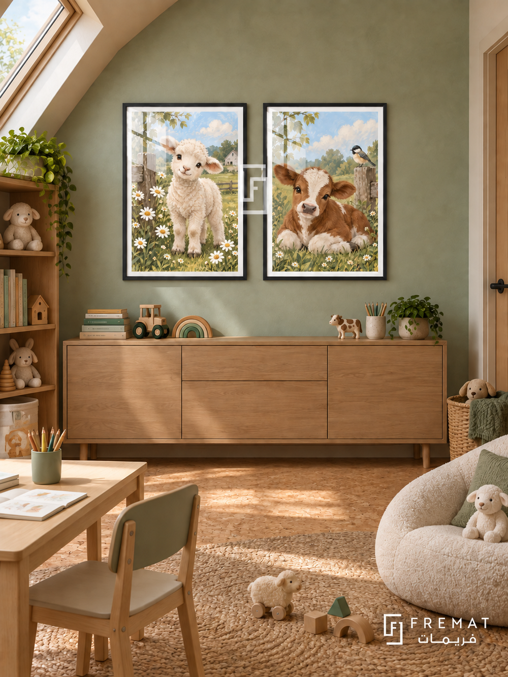Farm Morning — set of two kids artworks in Black frames.